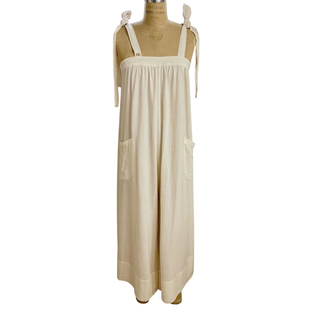 Bird & Knoll Jumpsuit Womens S Linen Blend Wide Leg Tie Shoulder Pockets